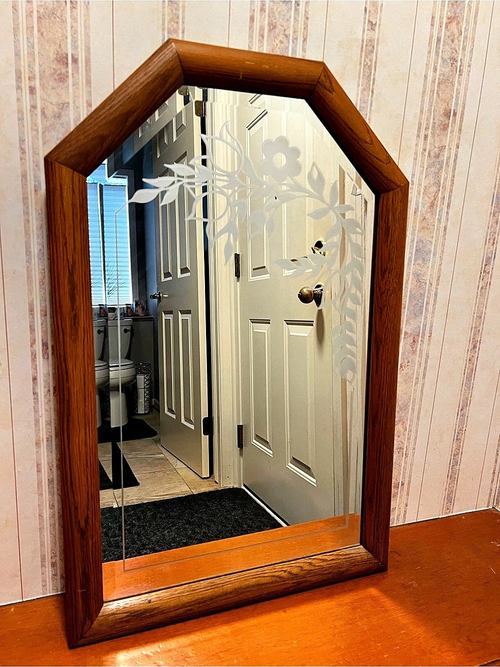 Vintage 1970’s Wood Framed Floral Etched Wall Mirror